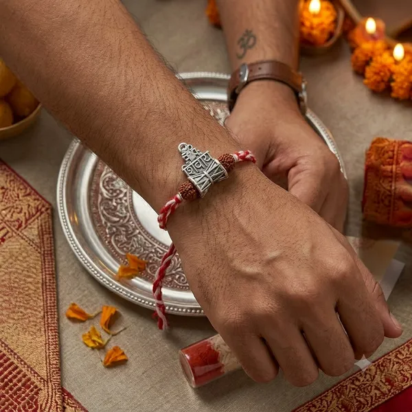 Om_Namah_Shivay_Silver_Rakhi_With_Roli_Chawal_Glass_Bottle_And_Happy_Rakhi_Card