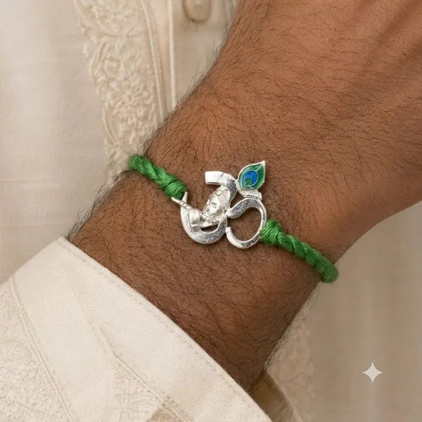 925_Silver_Om_Charm_Green_Thread_With_Roli_Chawal_Glass_Bottle_And_Happy_Rakhi_Card