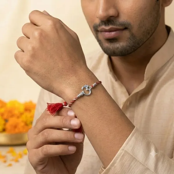 925_Silver_Red_And_White_Thread_Om_Rakhi_With_Roli_Chawal_Glass_Bottle_And_Happy_Rakhi_Card