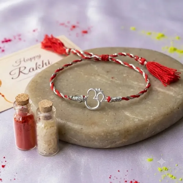 925_Silver_Red_And_White_Thread_Om_Rakhi_With_Roli_Chawal_Glass_Bottle_And_Happy_Rakhi_Card
