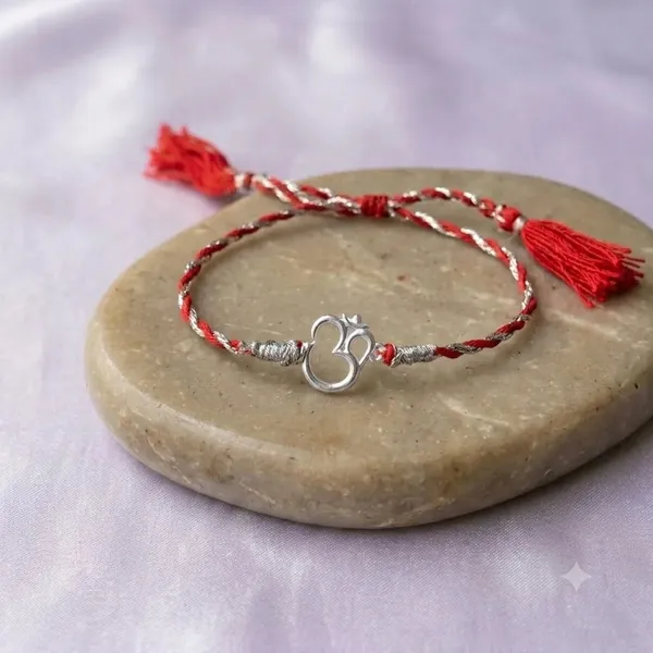 925_Silver_Red_And_White_Thread_Om_Rakhi_With_Roli_Chawal_Glass_Bottle_And_Happy_Rakhi_Card