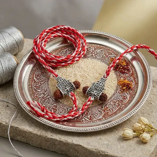 Om_Namah_Shivay_Silver_Rakhi_With_Roli_Chawal_Glass_Bottle_And_Happy_Rakhi_Card