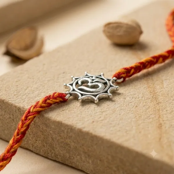 Silver_Om_Rakhi_Set_With_Red_And_Yellow_Thread