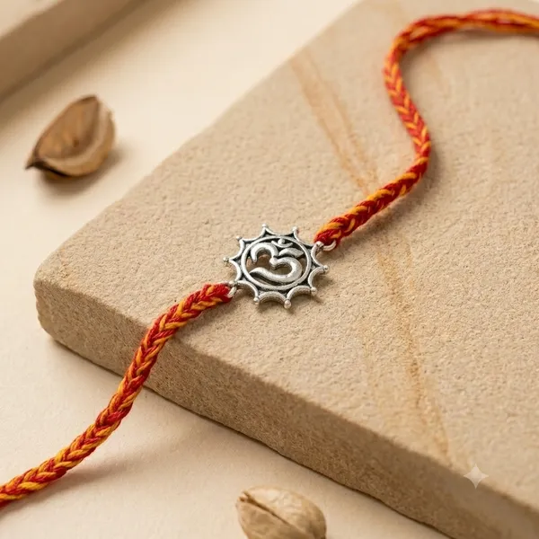 Silver_Om_Rakhi_Set_With_Red_And_Yellow_Thread