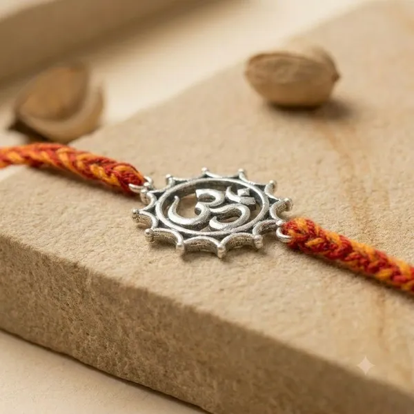 Silver_Om_Rakhi_Set_With_Red_And_Yellow_Thread
