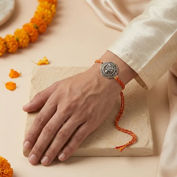 Silver_Sun_Thread_Rakhi_For_Brother_With_Kumkum_Chawal_Bottle_And_Greeting_Card