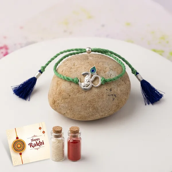 925_Silver_Om_Charm_Green_Thread_With_Roli_Chawal_Glass_Bottle_And_Happy_Rakhi_Card