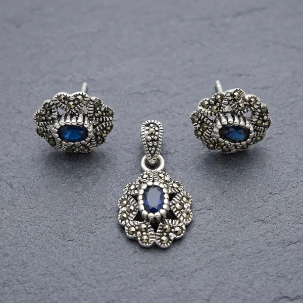 925_Silver_Marcasite_Blue_Stone_Pendant_Earring_Set_For_Women