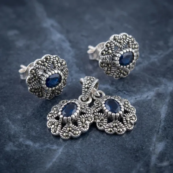 925_Silver_Marcasite_Blue_Stone_Pendant_Earring_Set_For_Women