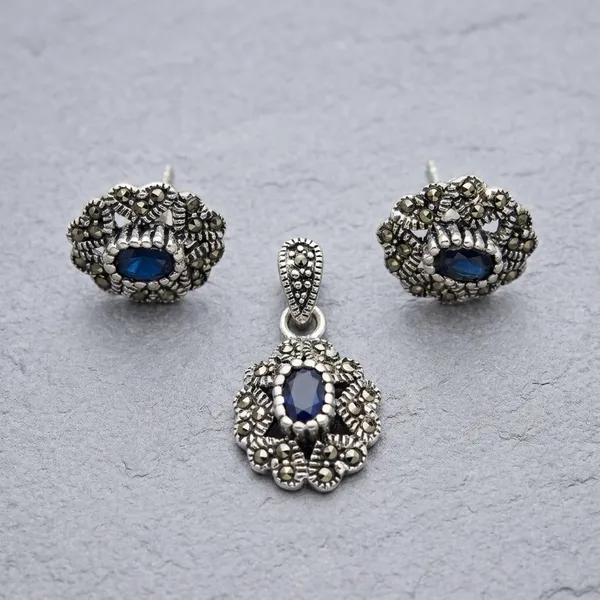 925_Silver_Marcasite_Blue_Stone_Pendant_Earring_Set_For_Women