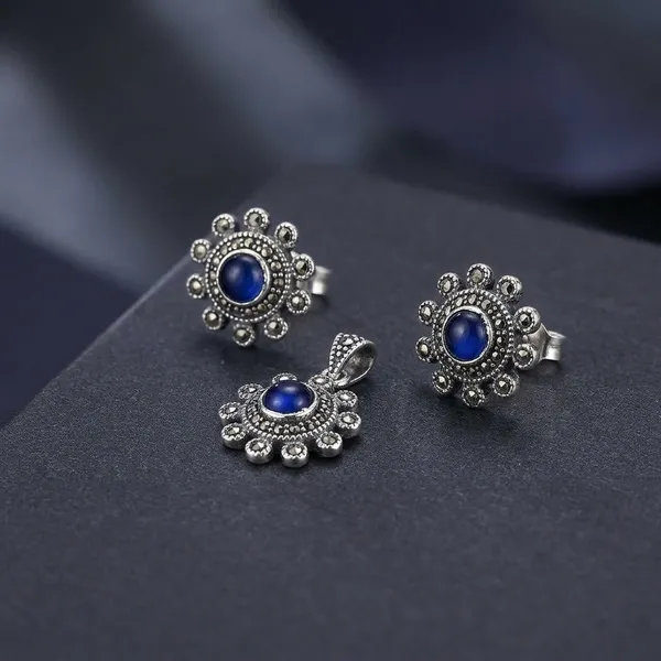 925_Silver_Blue_Stone_Floral_Stud_Earrings_With_Pendant_Set