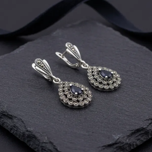 925_Silver_Marcasite_Teardrop_Dangle_Earrings_For_Women