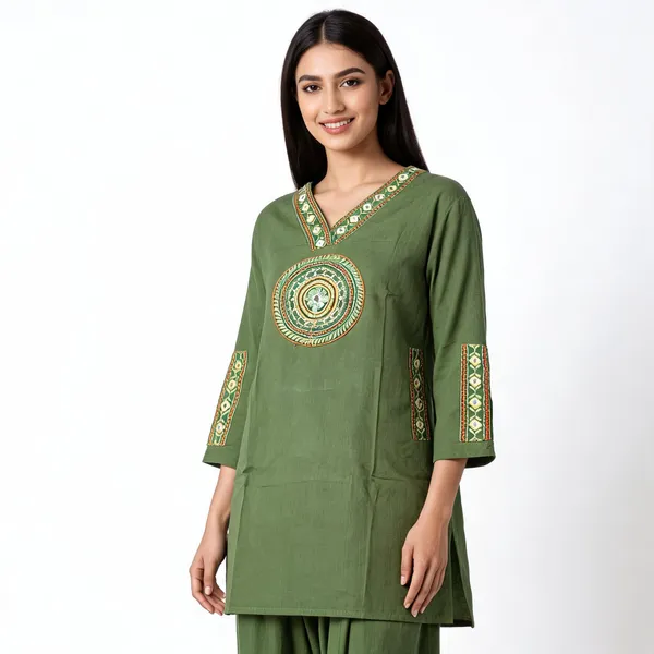 Green_Cotton_Dhabu_Embroidered_Kurta_Set_For_Women