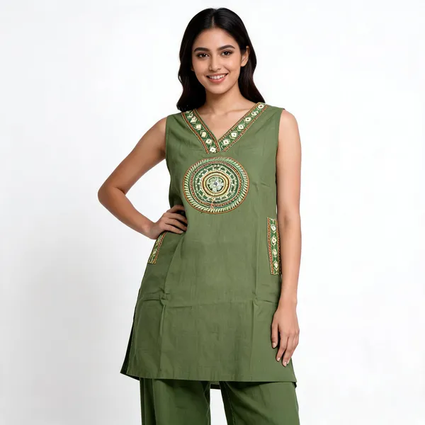Green_Cotton_Dhabu_Embroidered_Kurta_Set_For_Women