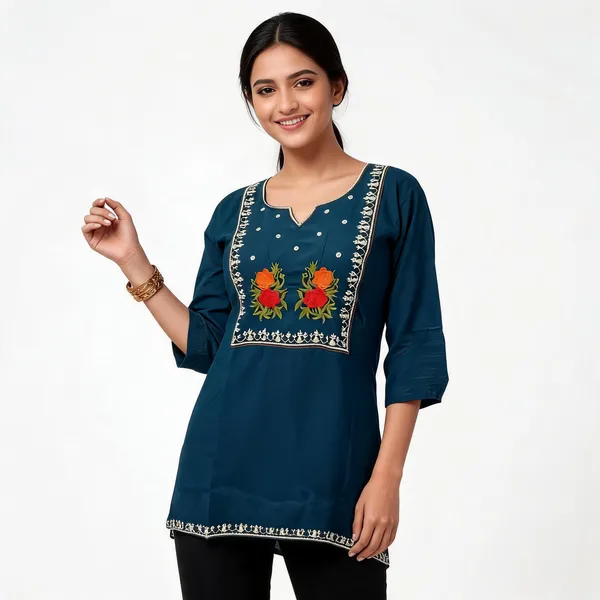 Teal_Blue_Cotton_Embroidered_Kurti_For_Women