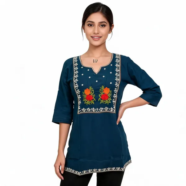 Teal_Blue_Cotton_Embroidered_Kurti_For_Women