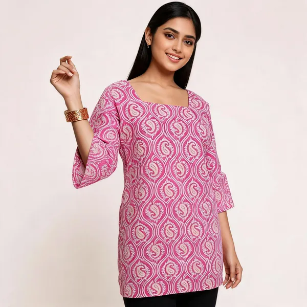 Pink_Cambric_Cotton_Fitted_Kurti_For_Women