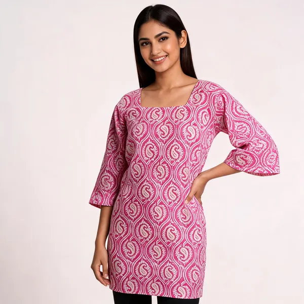 Pink_Cambric_Cotton_Fitted_Kurti_For_Women