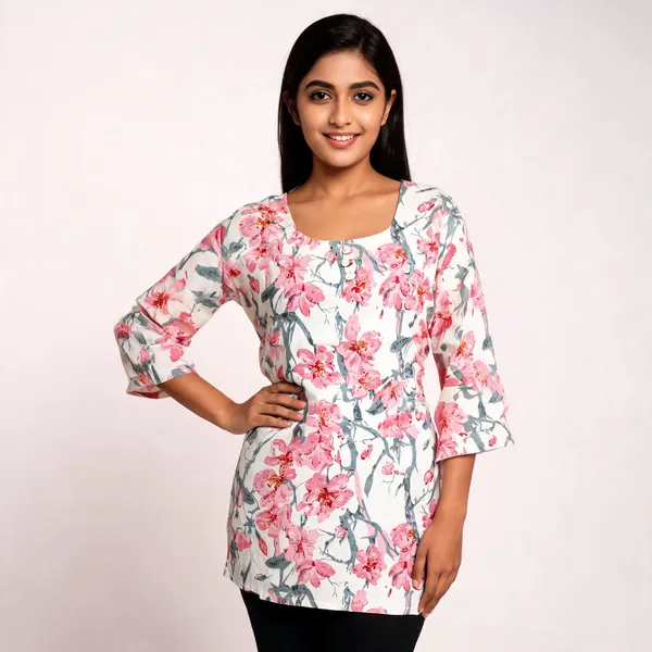 White_Cambric_Cotton_Floral_Print_Kurti_For_Women