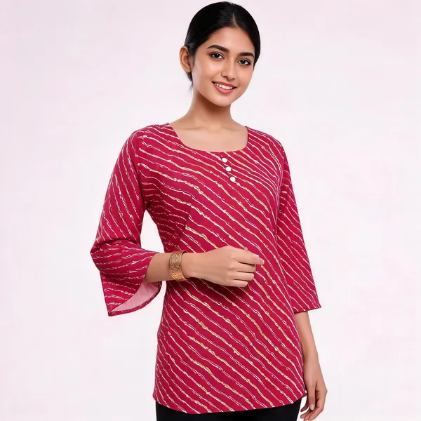 Red_Cambric_Cotton_Leheriya_Print_Kurti_For_Women