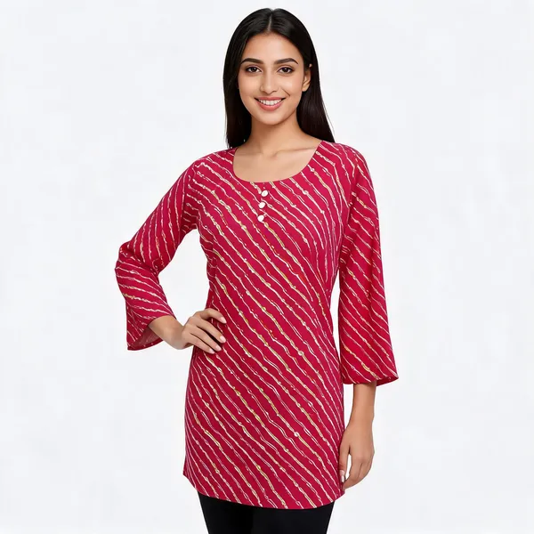 Red_Cambric_Cotton_Leheriya_Print_Kurti_For_Women