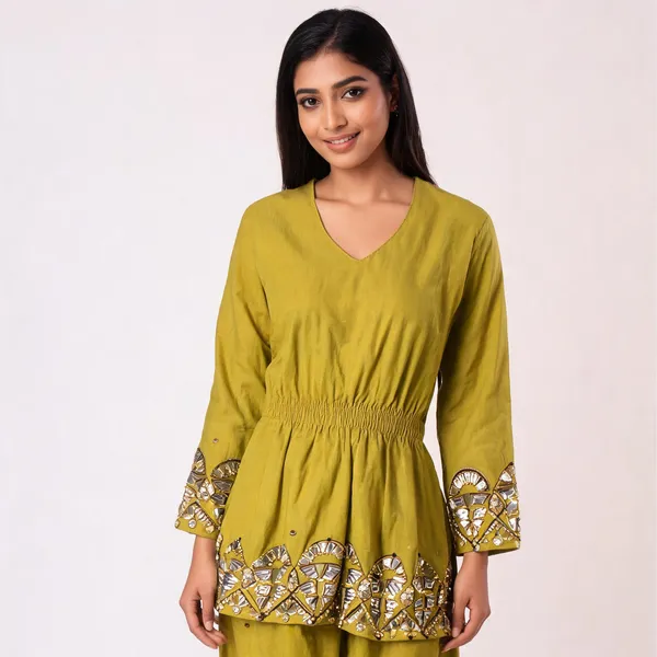 Yellow_Cotton_Dhabu_Mirror_Work_Kurta_Set_For_Women