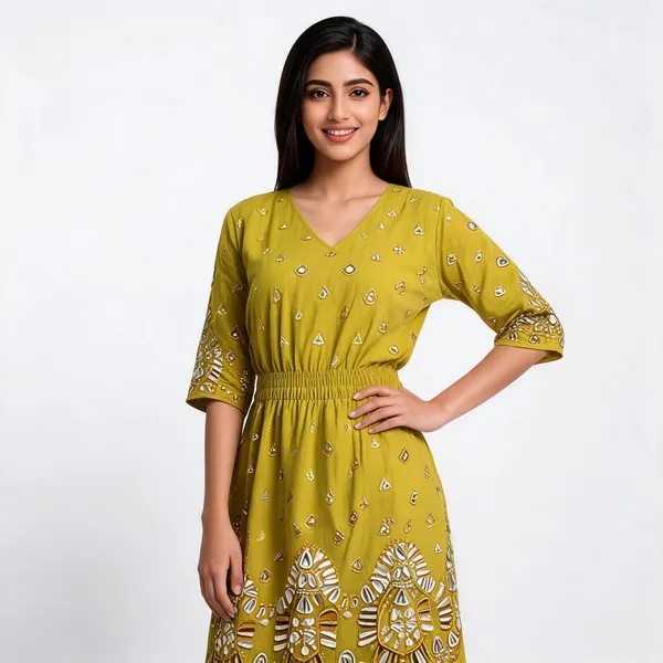 Yellow_Cotton_Dhabu_Mirror_Work_Kurta_Set_For_Women