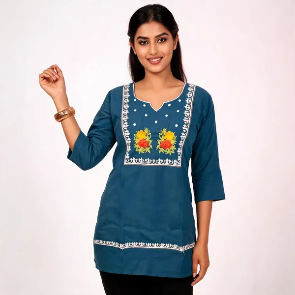 Teal_Cotton_Embroidered_Kurti_For_Women