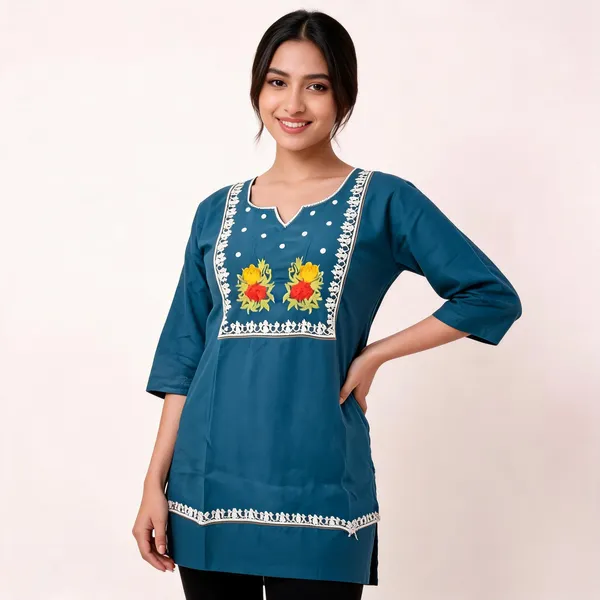 Teal_Cotton_Embroidered_Kurti_For_Women