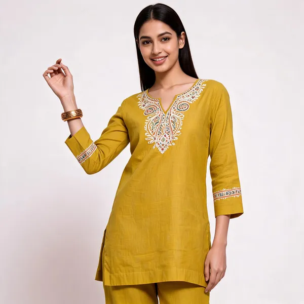 Yellow_Cotton_Dhabu_Embroidered_Kurta_Set_For_Women