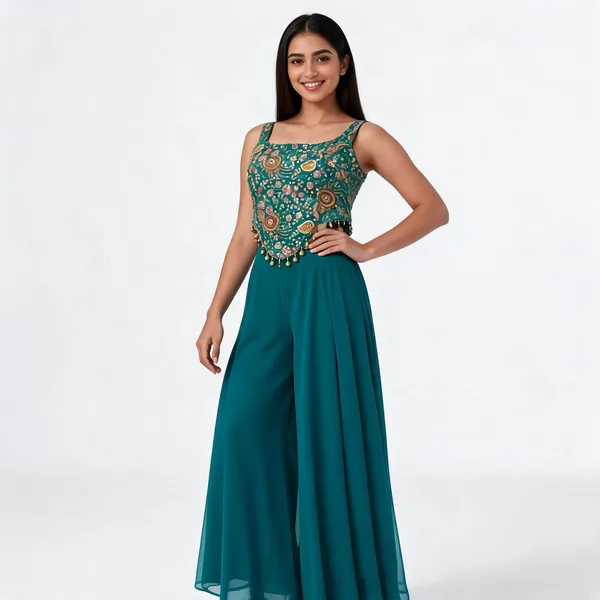Teal_Georgette_Embroidered_Suit_Set_For_Women
