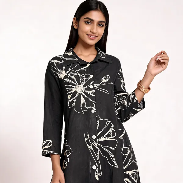 Black_Cotton_Floral_Print_Kurta_Set_For_Women