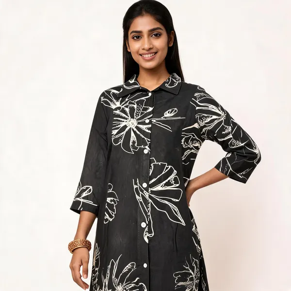 Black_Cotton_Floral_Print_Kurta_Set_For_Women