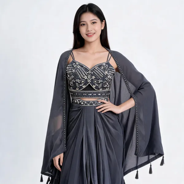 Black_Viscose_Georgette_Embroidered_Suit_Set_With_Cape_For_Women