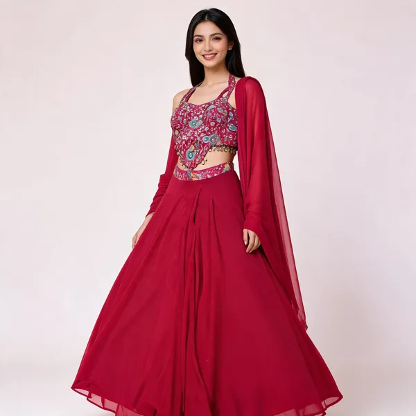 Magenta_Georgette_Flared_Lehenga_Choli_Set_For_Women
