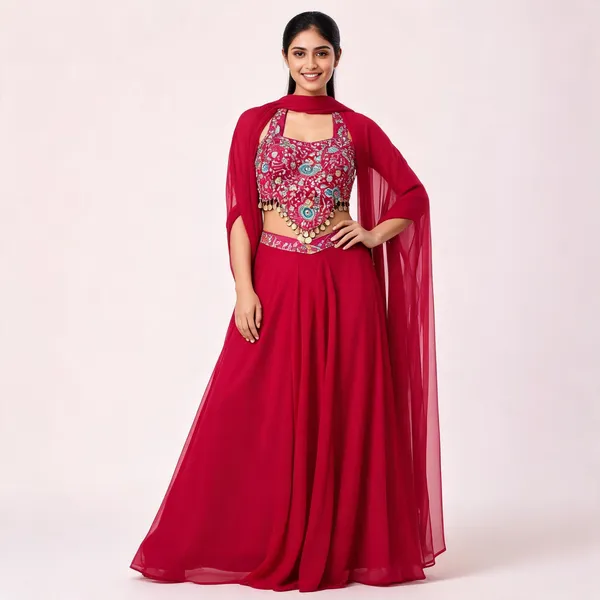 Magenta_Georgette_Flared_Lehenga_Choli_Set_For_Women