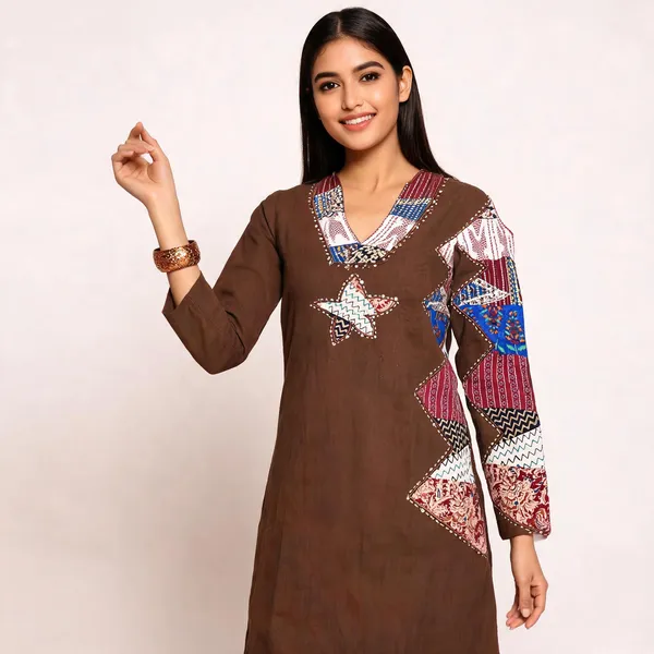 Brown_Cotton_Dhabu_Patchwork_Kurta_Set_For_Women
