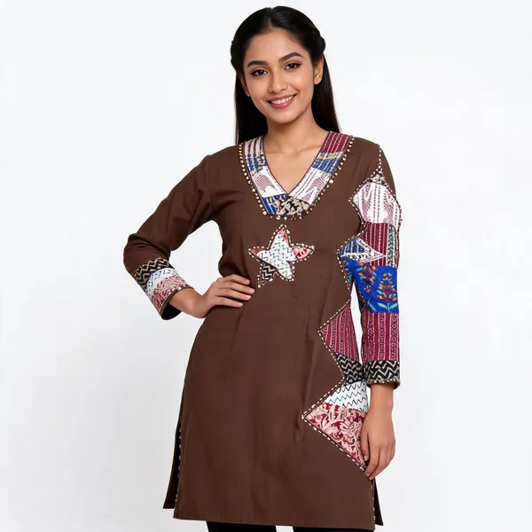 Brown_Cotton_Dhabu_Patchwork_Kurta_Set_For_Women