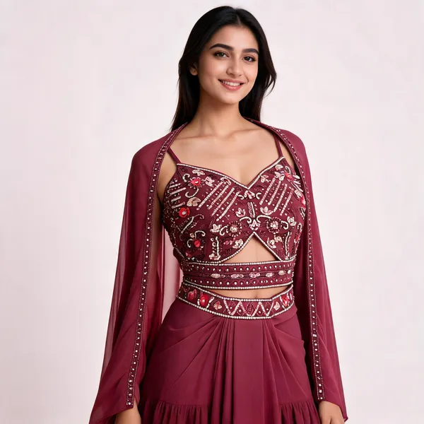 Maroon_Viscose_Georgette_Embellished_Suit_Set_With_Cape_For_Women