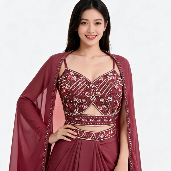 Maroon_Viscose_Georgette_Embellished_Suit_Set_With_Cape_For_Women