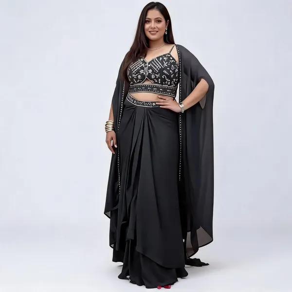 Black_Viscose_Georgette_Embellished_Lehenga_Choli_With_Cape_For_Women