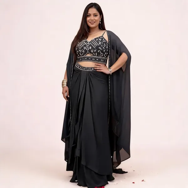 Black_Viscose_Georgette_Embellished_Lehenga_Choli_With_Cape_For_Women