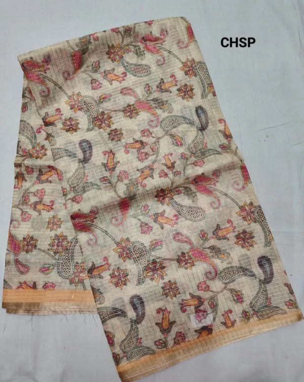 White_Zari_Checks_Saree_With_Printed_Blouse_For_Women