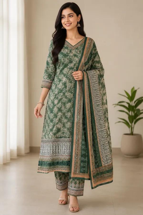 Green_And_Peach_Cotton_Premium_Unstitched_Suit_For_Women