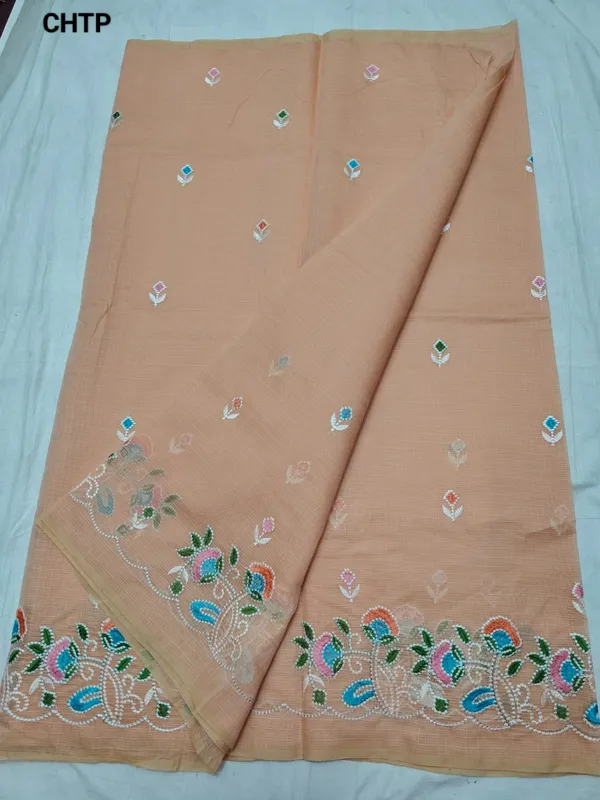 Peach_Kota_Doriya_Cotton_Embroidery_Work_Saree_With_Blouse_For_Women