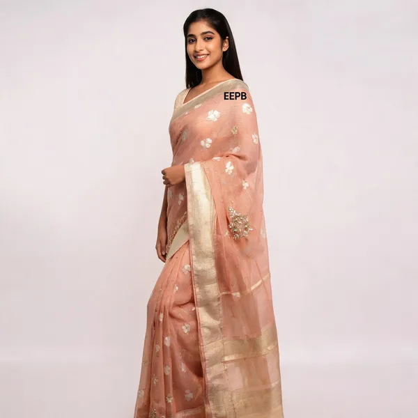 Peach_Organza_Premium_Embroidered_Saree_For_Women