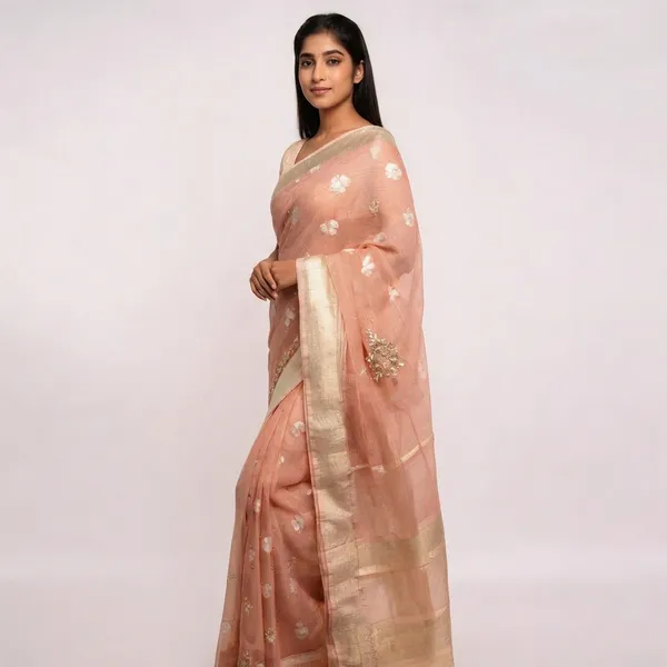 Peach_Organza_Premium_Embroidered_Saree_For_Women