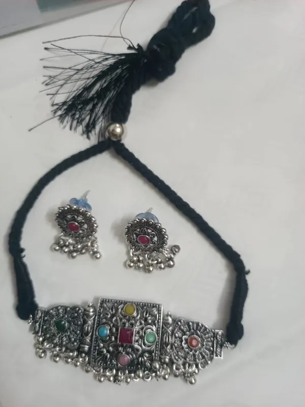 Multicolor_Oxidised_Silver_Alloy,_Stone_Premium_Choker_Necklace_Set_For_Women