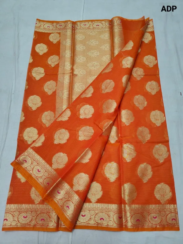 Saffron_Kota_Doriya_Cotton_Banarasi_Saree_With_Heavy_Blouse_For_Women