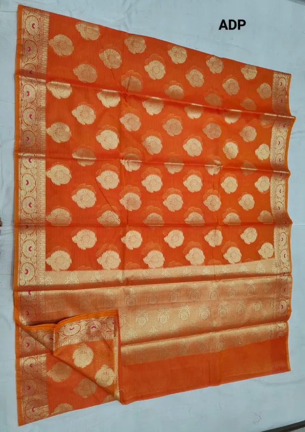 Saffron_Kota_Doriya_Cotton_Banarasi_Saree_With_Heavy_Blouse_For_Women